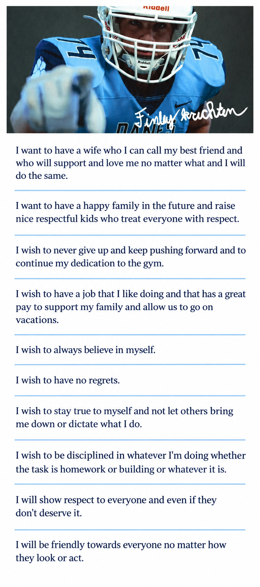 Finley’s football portrait above his ten life goals; a full text transcript is provided alongside